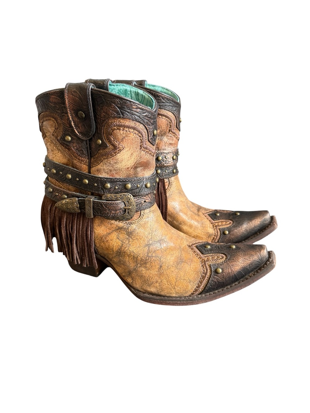 Corral Cowboy Boots Metallic Cognac Strap Fringe Studs Ankle Western Womens 8.5